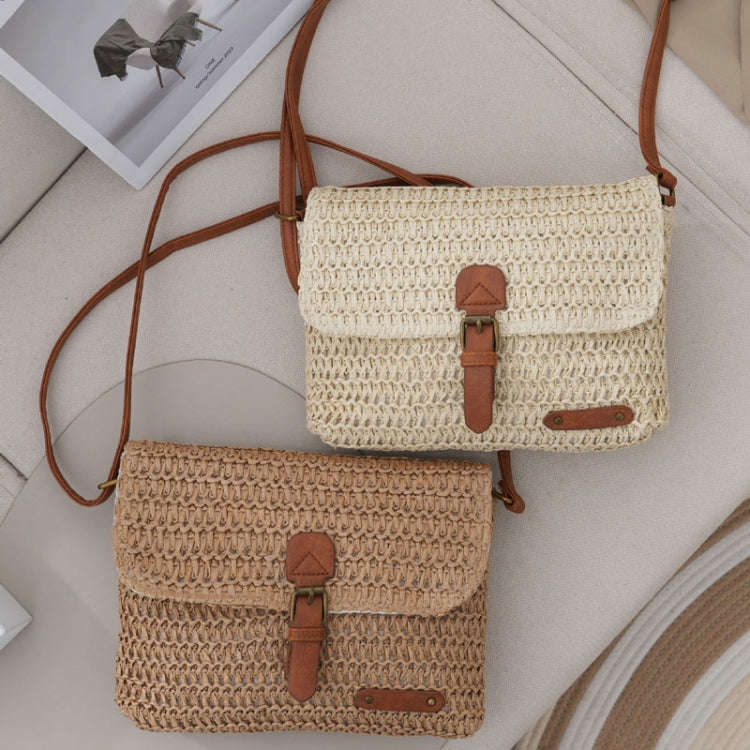 Women Retro Messenger Bag Travel Crossbody Straw Bag(Beige)