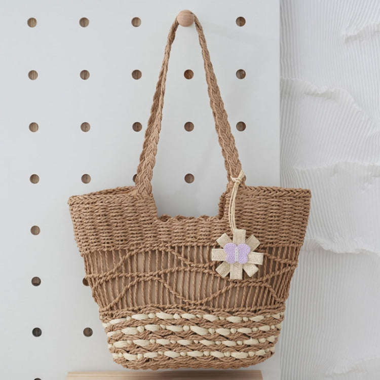 Knitting Straw Shoulder Bag Hollow Wave Large Capacity Tote Bag With Lining(Light Brown)