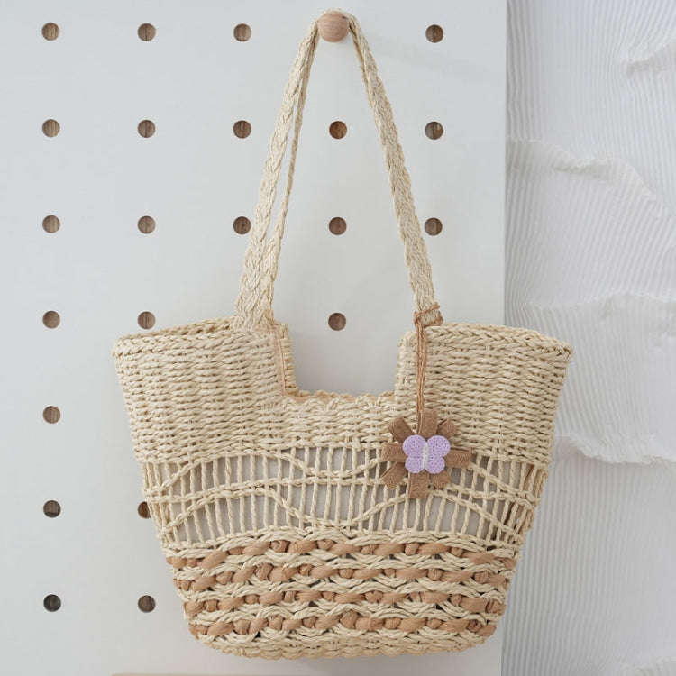 Knitting Straw Shoulder Bag Hollow Wave Large Capacity Tote Bag With Lining(Beige)