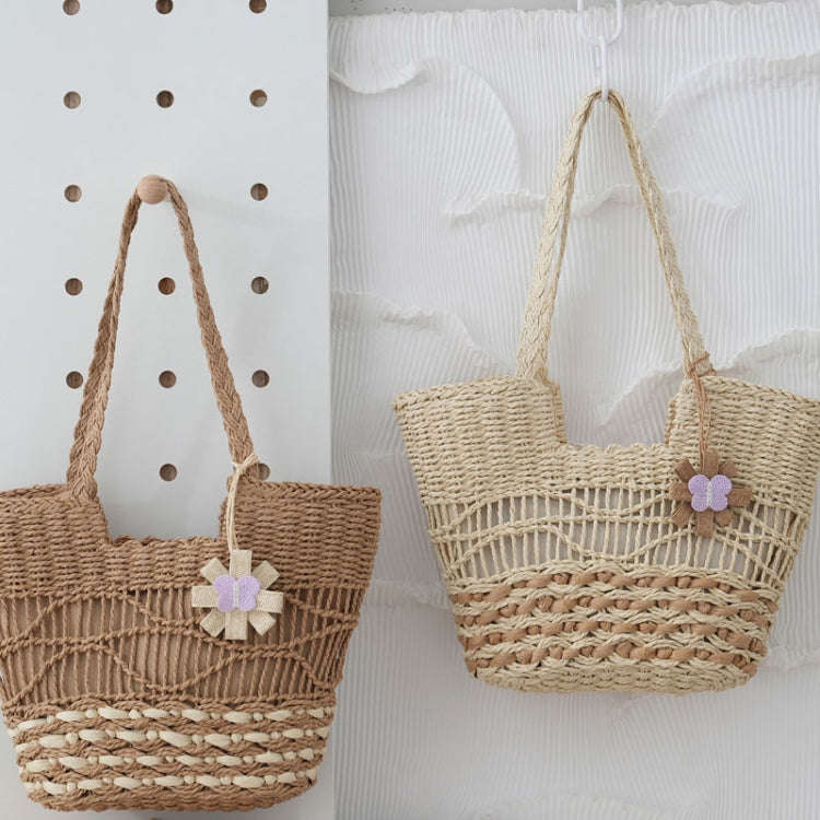 Knitting Straw Shoulder Bag Hollow Wave Large Capacity Tote Bag With Lining(Light Brown)