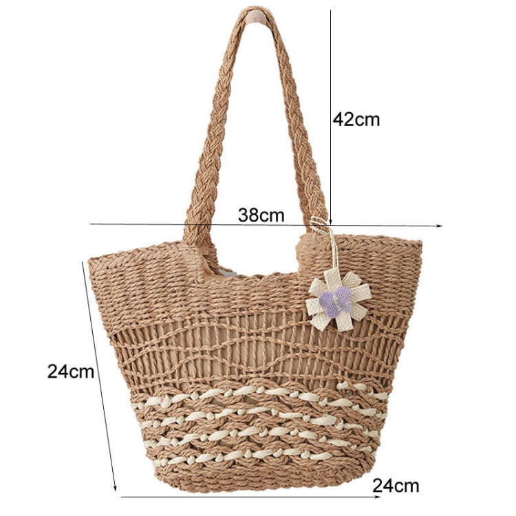 Knitting Straw Shoulder Bag Hollow Wave Large Capacity Tote Bag With Lining(Light Brown)