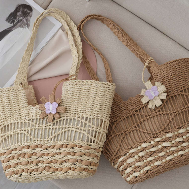 Knitting Straw Shoulder Bag Hollow Wave Large Capacity Tote Bag With Lining(Light Brown)