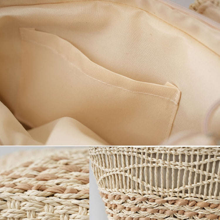 Knitting Straw Shoulder Bag Hollow Wave Large Capacity Tote Bag With Lining(Light Brown)