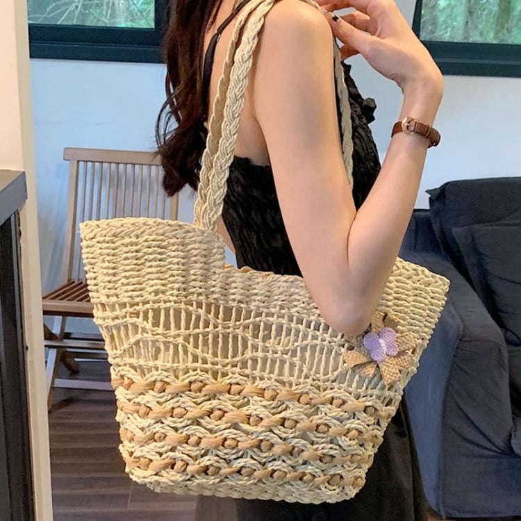 Knitting Straw Shoulder Bag Hollow Wave Large Capacity Tote Bag With Lining(Light Brown)