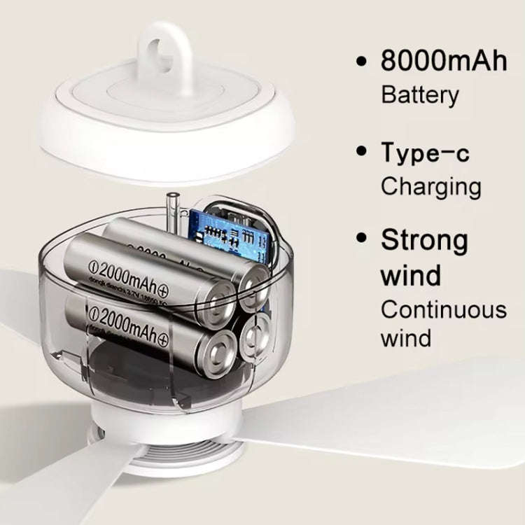 Mini Ceiling Fan Portable Camping Fan With Light &  Remote Built In 8000mAh Battery(White)