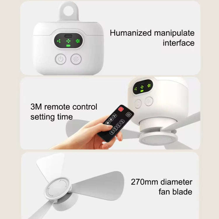 Mini Ceiling Fan Portable Camping Fan With Light &  Remote Built In 8000mAh Battery(White)