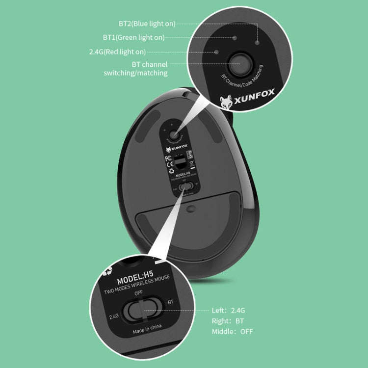 XUNSVFOX H5 Upright Vertical Dual Mode Mouse Rechargeable Wireless Business Office Mouse(Black)