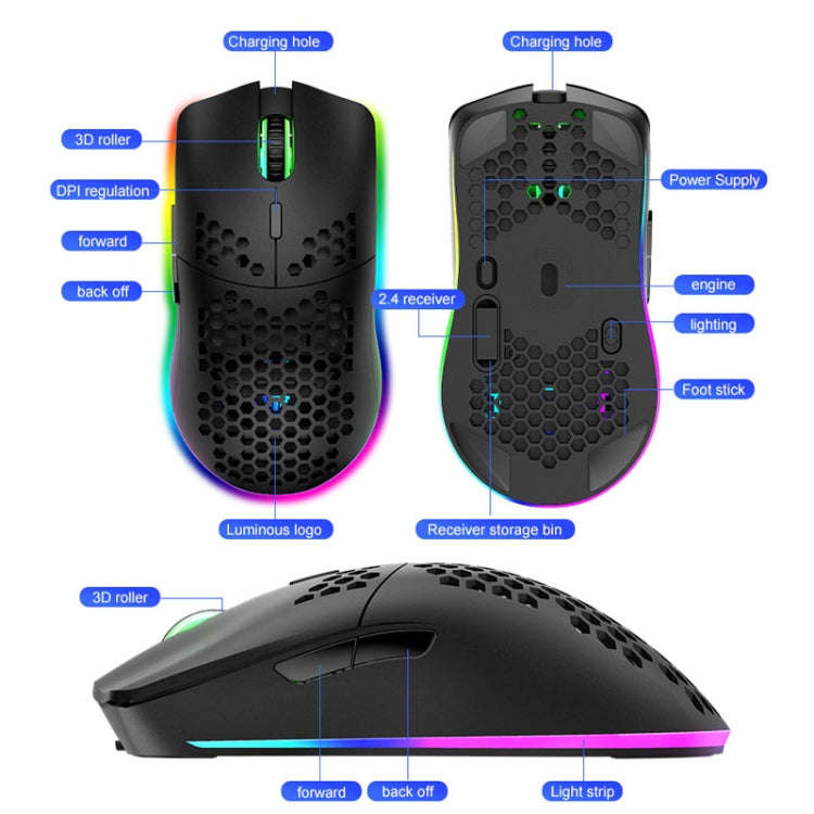 XUNSVFOX XYH80 Hollow Hole Rechargeable Wireless Gaming Mouse RGB Light Computer Office Mouse(Black)