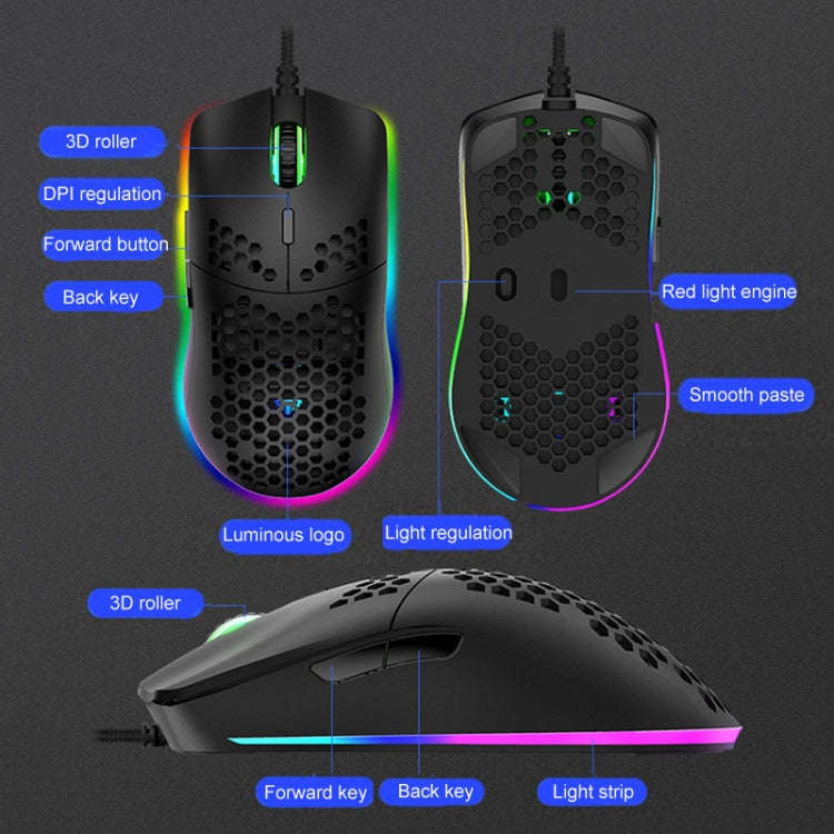 XUNSVFOX XYH90 Wired Hollow Hole Mouse RGB Illuminated Macro Programming Gaming Mouse(Black)