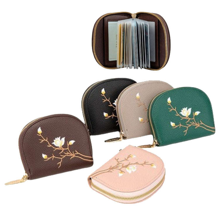 Semicircular Embroidery Large Capacity Multi-card Slot ID Card Holder(Pink)