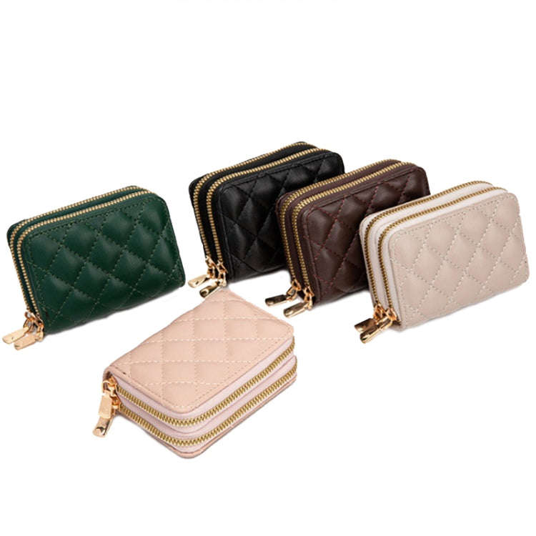 Large Capacity Double Layer Zipper Wallet Multi-card Slot Rhombus Card Holder(Coffee)