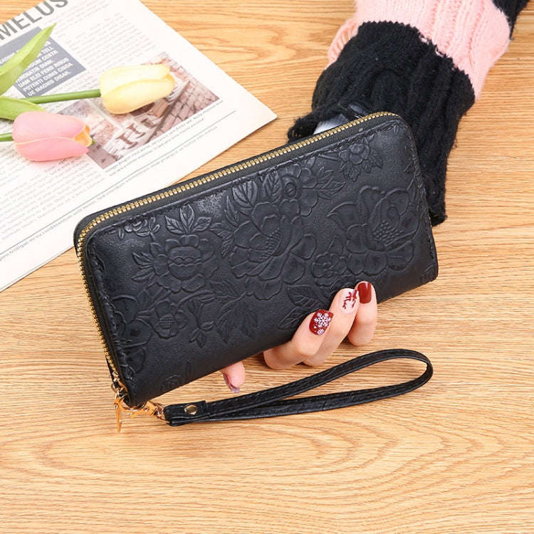 Large Capacity Embossed Long Zippered Wallet with Multiple Card Slots(Black)