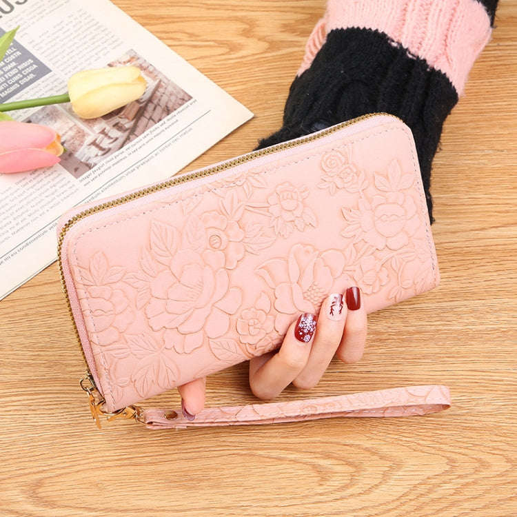 Large Capacity Embossed Long Zippered Wallet with Multiple Card Slots(Pink)