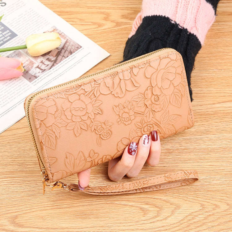 Large Capacity Embossed Long Zippered Wallet with Multiple Card Slots(Camel)
