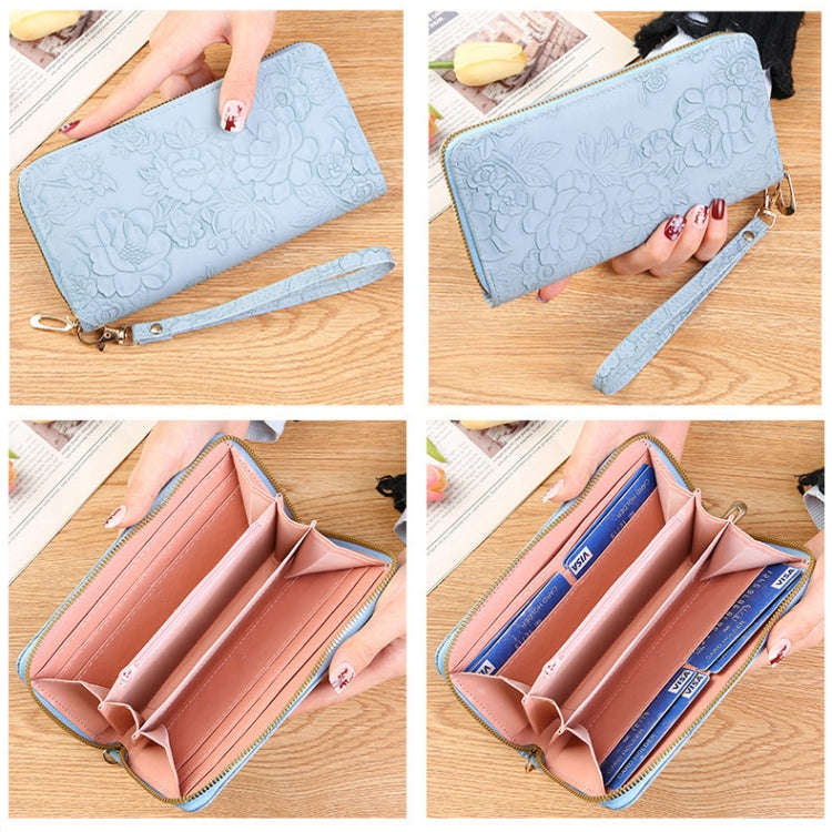 Large Capacity Embossed Long Zippered Wallet with Multiple Card Slots(Grey)
