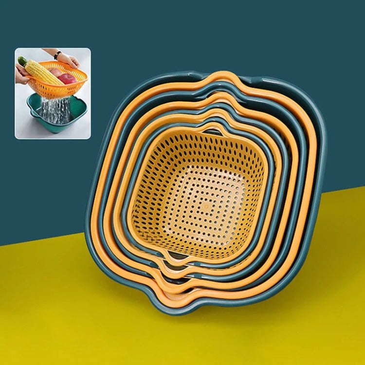 8 In 1 Drain Basket Double-Layer Vegetable Washing Basket Fruit Basin(Blue and Yellow)
