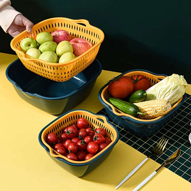 8 In 1 Drain Basket Double-Layer Vegetable Washing Basket Fruit Basin(Gray White)