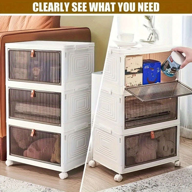 2-Tier Stackable Plastic Storage Bins With Wheels & Magnetic Door For Snacks, Clothes, Kitchen Su...