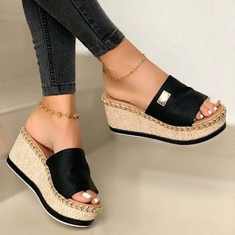 Summer Casual Sandals Women Shoes Hemp Rope Woven Thick Bottom Slope Heel Slippers, Size: 38(Black)
