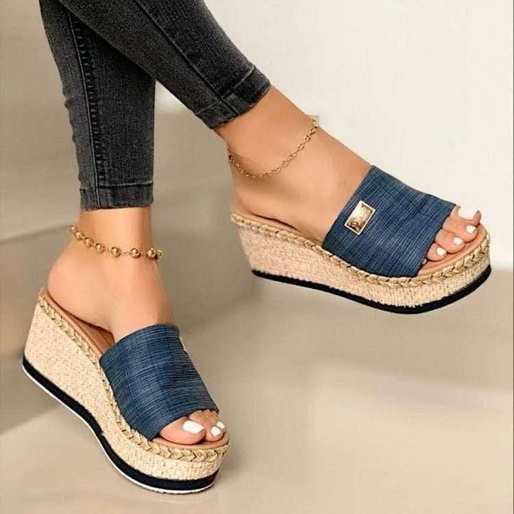 Summer Casual Sandals Women Shoes Hemp Rope Woven Thick Bottom Slope Heel Slippers, Size: 38(Blue)