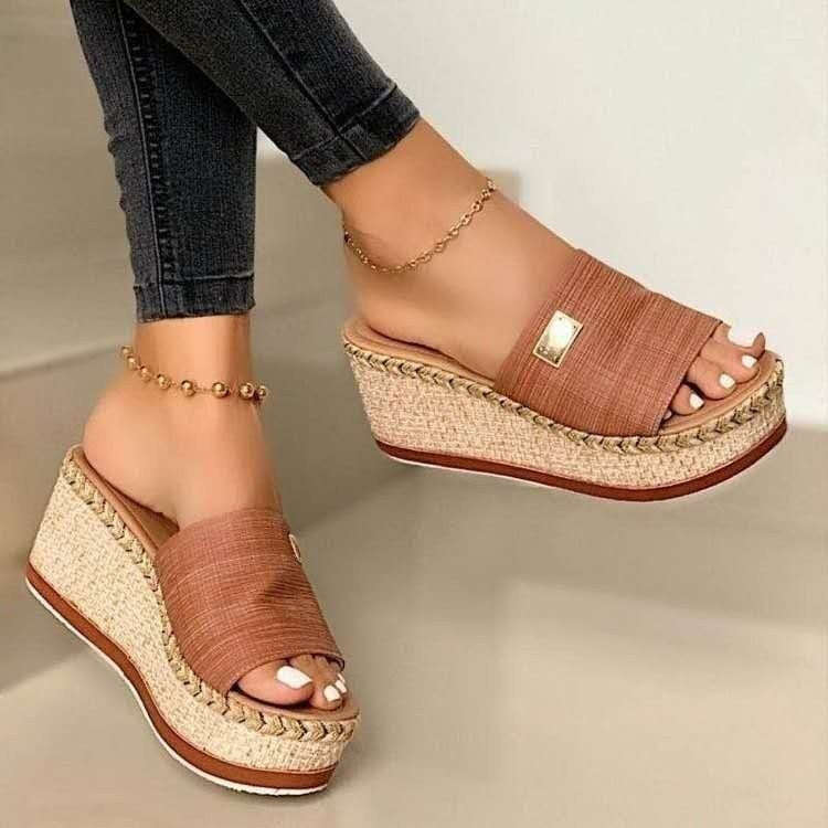 Summer Casual Sandals Women Shoes Hemp Rope Woven Thick Bottom Slope Heel Slippers, Size: 38(Brown)