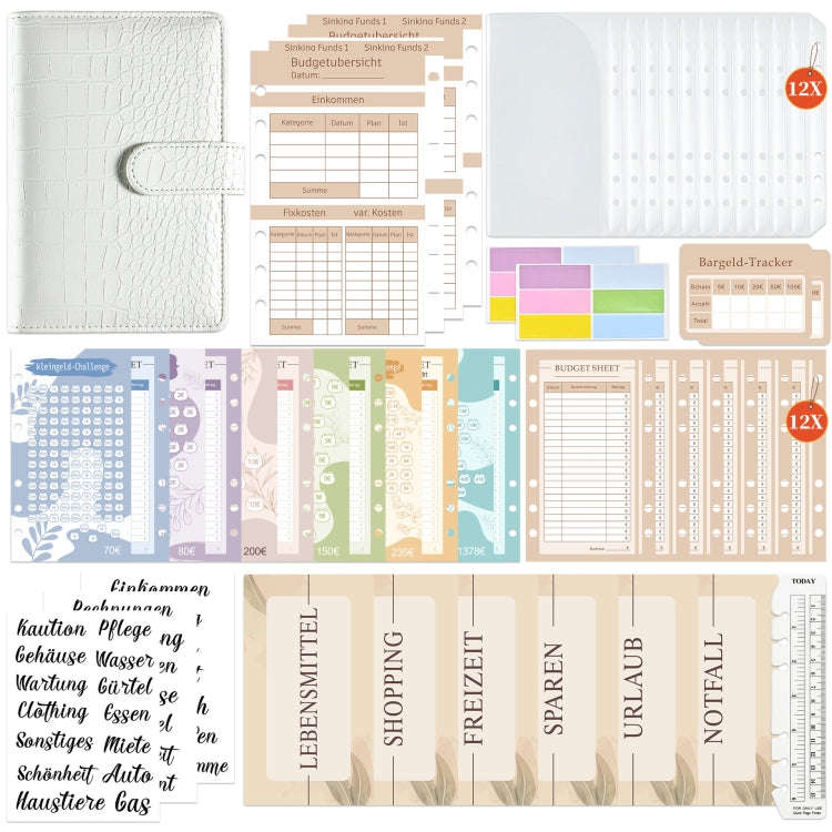A6 German Loose Leaf Cash Budget Notebook Crocodile Pattern Macaron PU Leather Budget Planner(White)