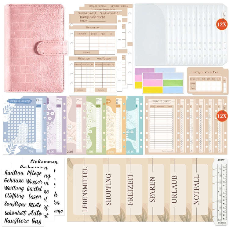 A6 German Loose Leaf Cash Budget Notebook Crocodile Pattern Macaron PU Leather Budget Planner(Pink)