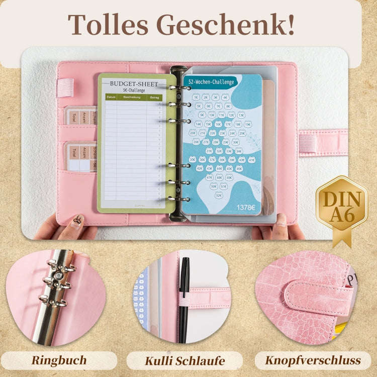 A6 German Loose Leaf Cash Budget Notebook Crocodile Pattern Macaron PU Leather Budget Planner(Pink)