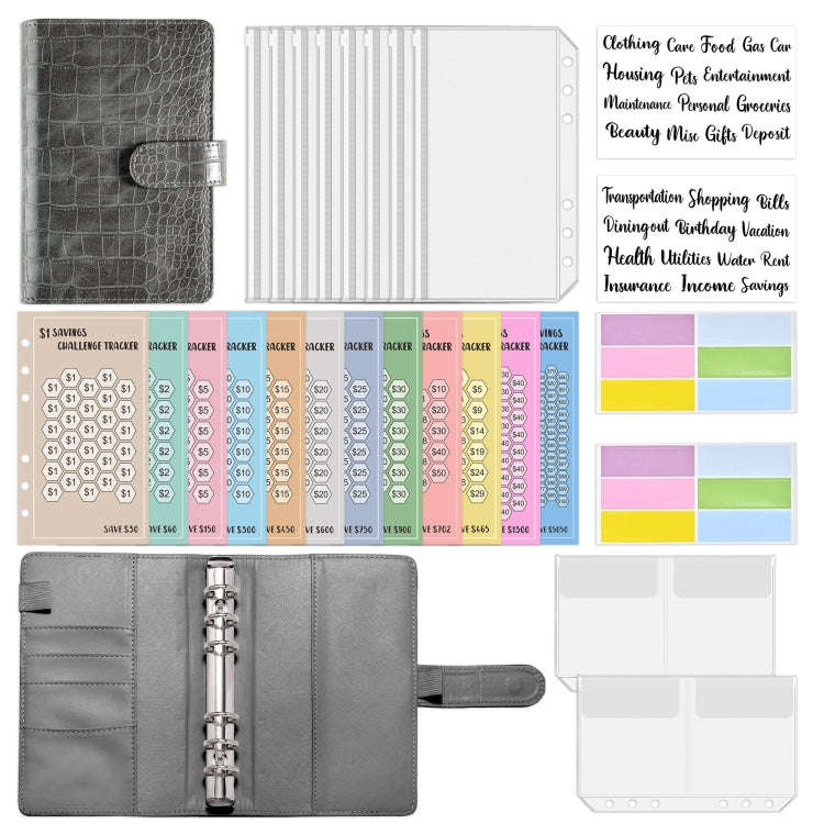 A6 Crocodile Pattern Money Saving Challenge Budget Notebook PU Leather Envelope Binder Budget(Gray)