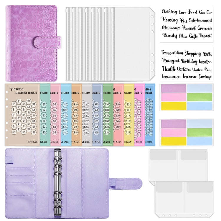 A6 Crocodile Pattern Money Saving Challenge Budget Notebook PU Leather Envelope Binder Budget(Pur...
