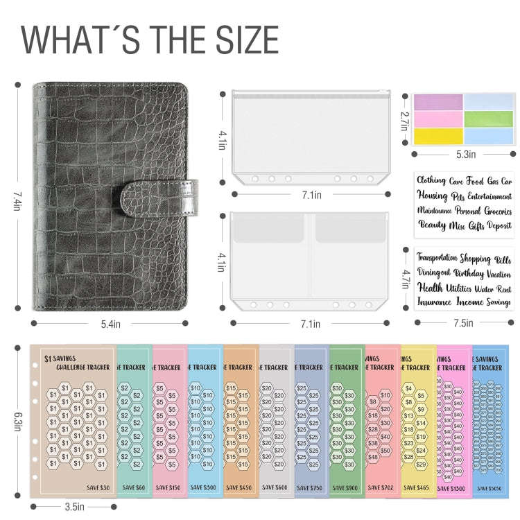A6 Crocodile Pattern Money Saving Challenge Budget Notebook PU Leather Envelope Binder Budget(Pur...