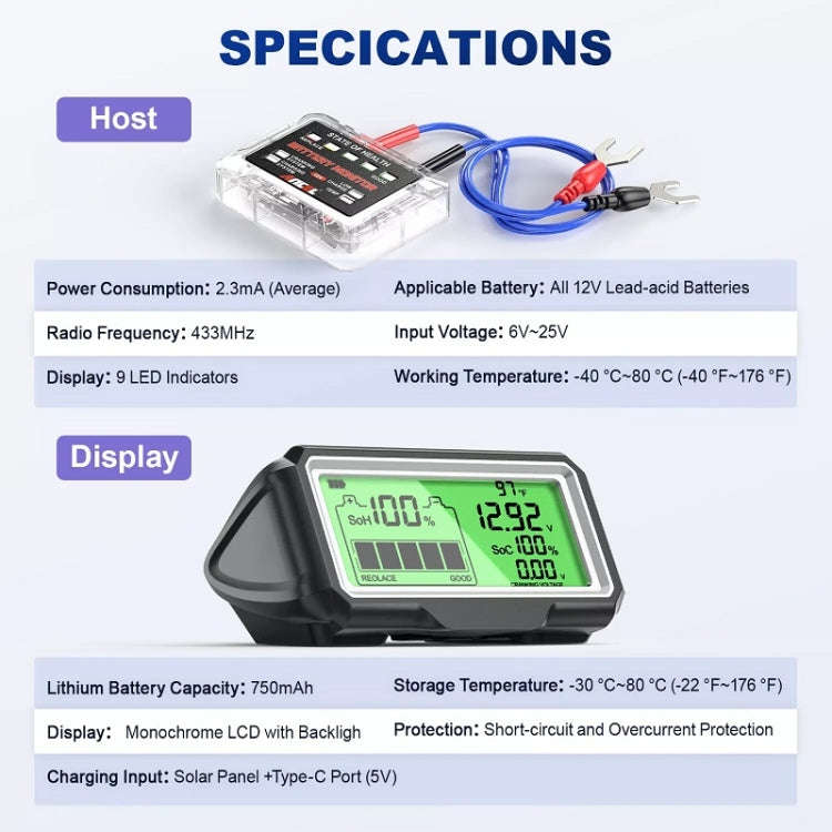 ANCEL 12V LED Car Battery Tester SOH/SOC Rechargeable Battery Analysis Tool