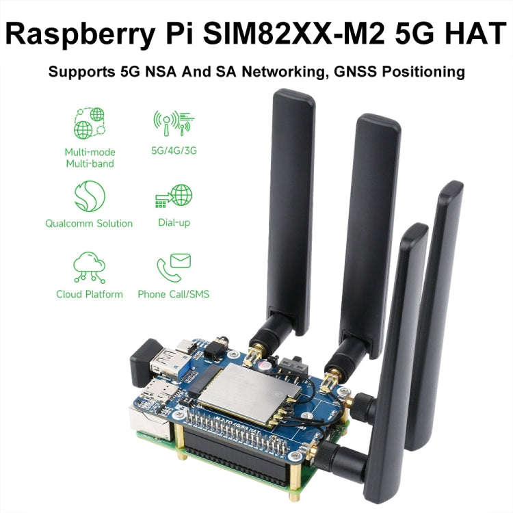 Waveshare SIM8262E-M2 5G HAT For Raspberry Pi, Quad Antennas 5G NSA, 5G/4G/3G Compatible(23254)