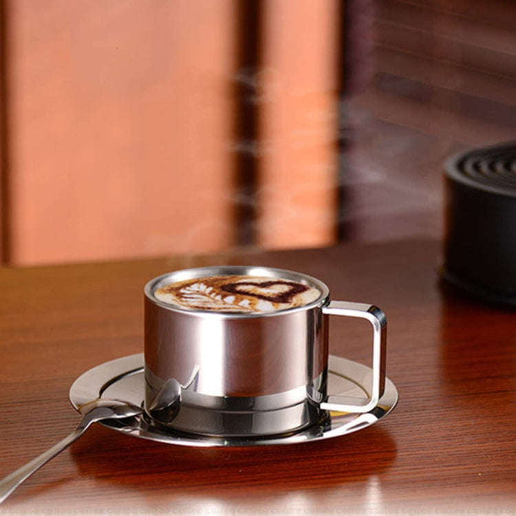 304 Stainless Steel 3 In 1 Double Layer Coffee Cup With Dish and Spoon Heat Insulation and Anti-S...