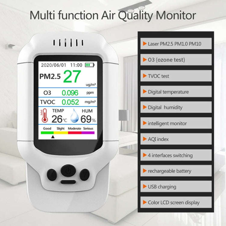 8-In-1 Air Quality Detector PM2.5 / PM1.0 / PM10 / HCHO / TVOC / O3 / Temperature / Humidity Monitor