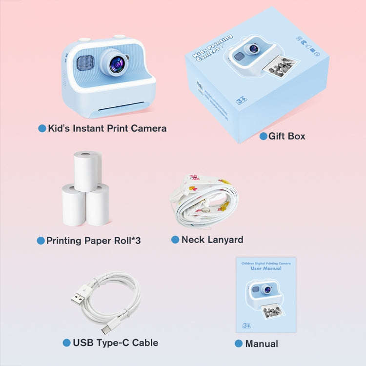 M8 2.4-Inch 1080P HD 2400W Pixel Dual-Camera Children Thermal Printing Camera, Color: Blue+32GB