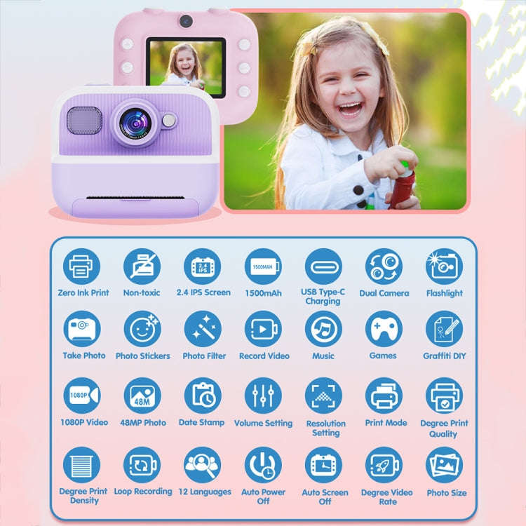 M8 2.4-Inch 1080P HD 2400W Pixel Dual-Camera Children Thermal Printing Camera, Color: Blue+32GB