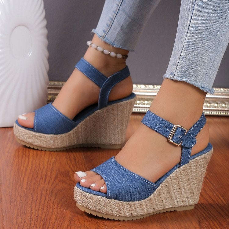 Slope Heel Summer Women Sandals Thick Bottom Straw High Heels Sandals, Size: 40(One-strap)