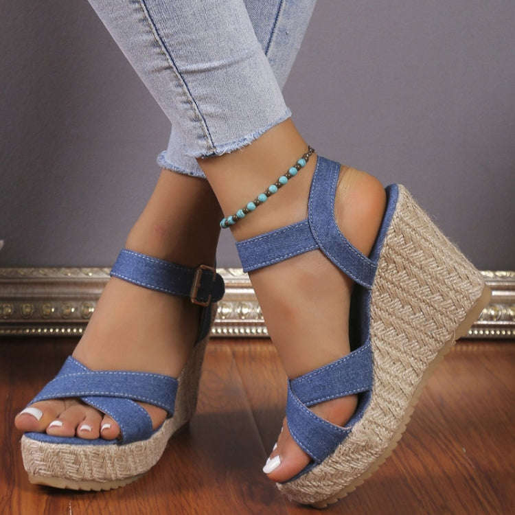 Slope Heel Summer Women Sandals Thick Bottom Straw High Heels Sandals, Size: 40(Cross-strap)