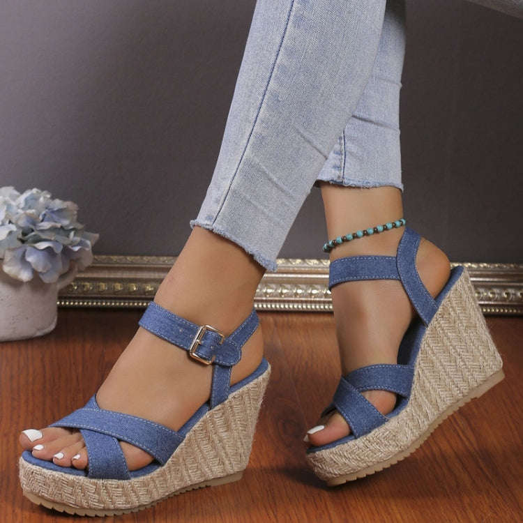 Slope Heel Summer Women Sandals Thick Bottom Straw High Heels Sandals, Size: 40(Cross-strap)