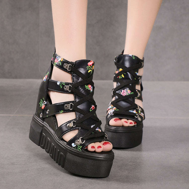 Summer Roman Sandals High Heel Floral Printed Cross Strap Women Shoes, Size: 38(Black)