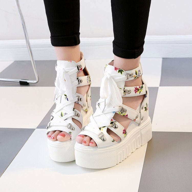 Summer Roman Sandals High Heel Floral Printed Cross Strap Women Shoes, Size: 41(White)
