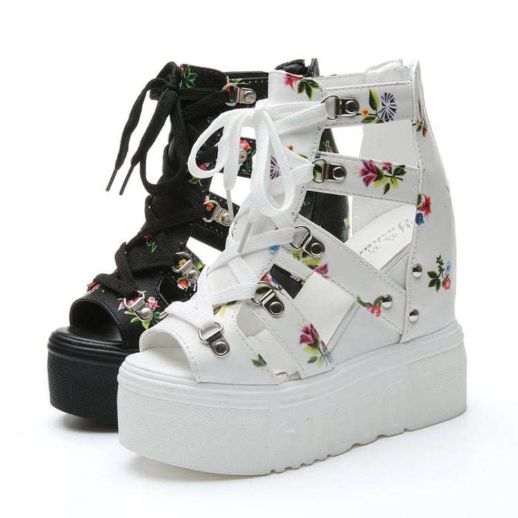 Summer Roman Sandals High Heel Floral Printed Cross Strap Women Shoes, Size: 40(White)