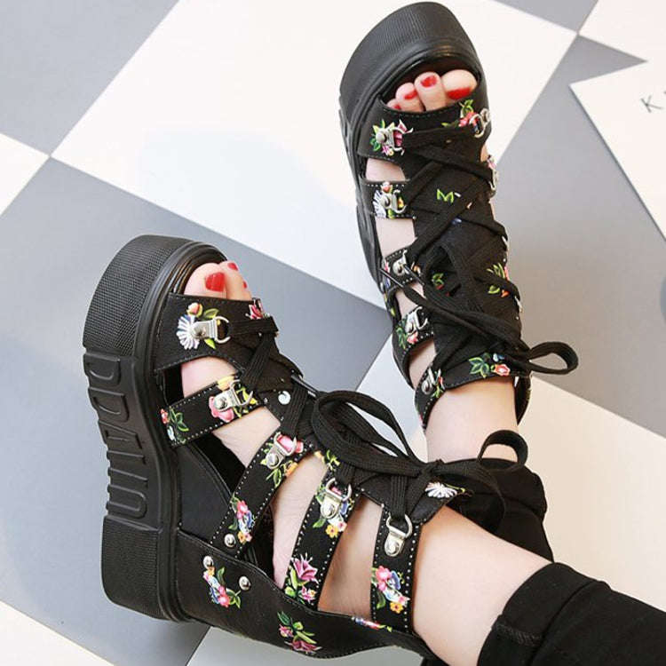 Summer Roman Sandals High Heel Floral Printed Cross Strap Women Shoes, Size: 40(White)