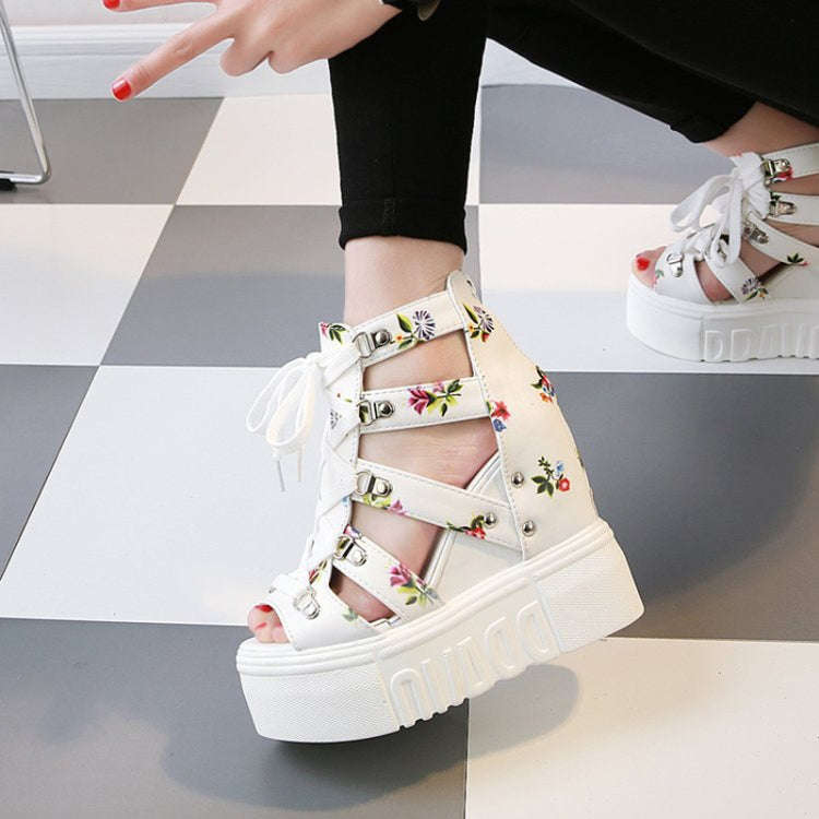 Summer Roman Sandals High Heel Floral Printed Cross Strap Women Shoes, Size: 40(White)