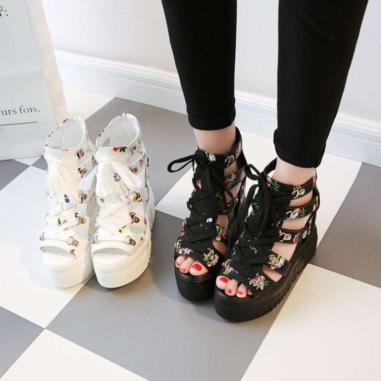 Summer Roman Sandals High Heel Floral Printed Cross Strap Women Shoes, Size: 40(White)