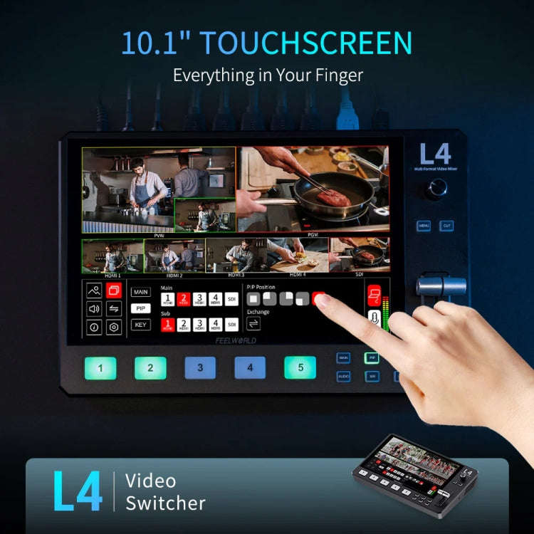FEELWORLD L4 Multi-Camera Video Mixer Switcher 10.1" Touch Screen USB 3.0 Fast Streaming(UK Plug)