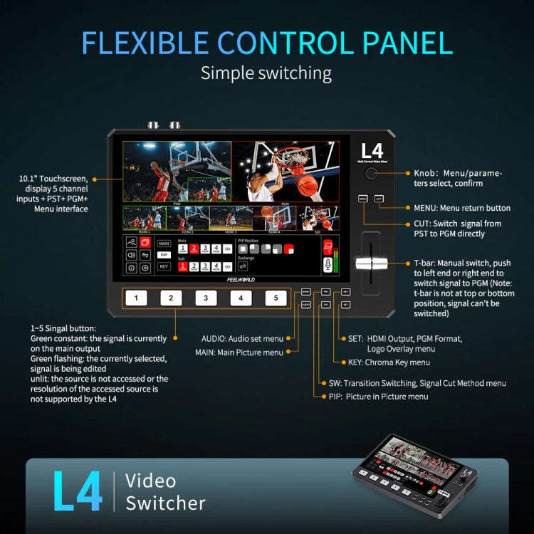 FEELWORLD L4 Multi-Camera Video Mixer Switcher 10.1" Touch Screen USB 3.0 Fast Streaming(US Plug)