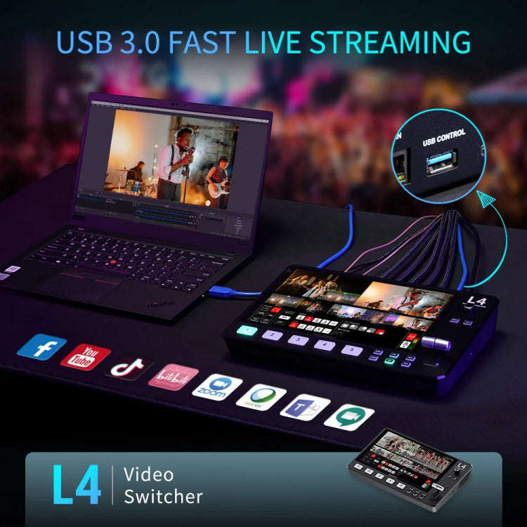 FEELWORLD L4 Multi-Camera Video Mixer Switcher 10.1" Touch Screen USB 3.0 Fast Streaming(US Plug)