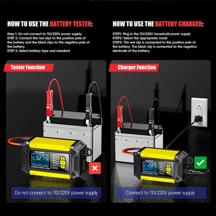 FOXSUR Cars Motorcycles 12V Lithium Cattery Charger With Battery Detection(US Plug)